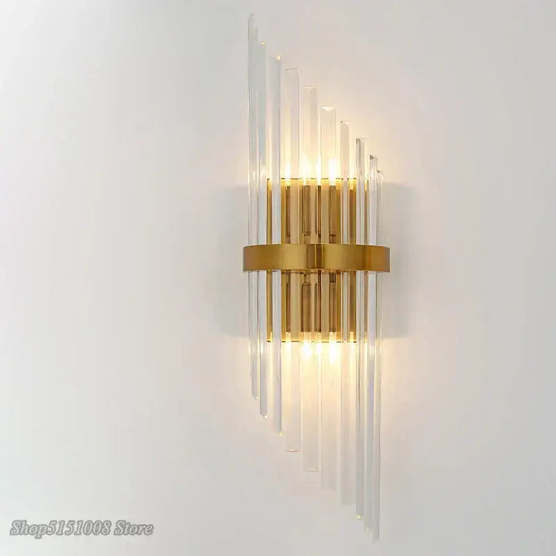 Gold-toned decorbites crystal golden wall lamp with clear glass rods for luxury living room wall sconce decor
