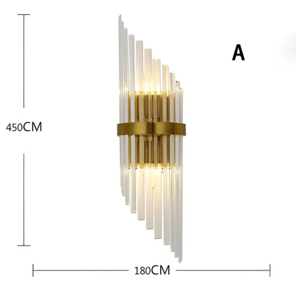 Luxury crystal golden wall lamp featuring gold-toned metal and clear glass rods in a cascading fan-like design for decorbites crystal golden wall decor