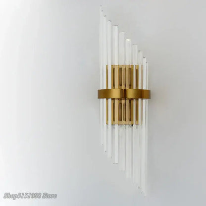 Modern gold-toned luxury crystal golden wall lamp with clear glass rods fan design for elegant living room decorbites crystal golden wall