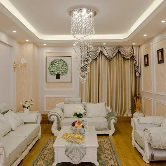 Luxury decorbites crystal staircase chandelier with cascading tiers and embedded LED lighting for bedroom decor