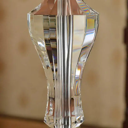 Luxury crystal table lamp with clear crystal pendant featuring faceted geometric design and fabric lampshade decorbites crystal table