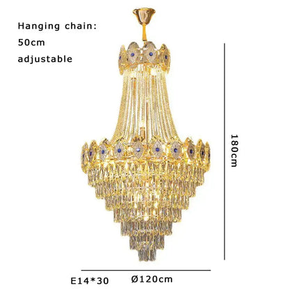 Luxury decorbites gold round chandelier with multiple tiers of crystal droplets and blue gemstone accents