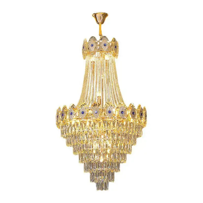 Decorbites gold round chandelier with cascading clear crystal prisms and blue gemstone accents for luxury decor