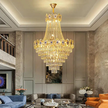 Luxury decorbites gold round chandelier with multi-tiered crystal design and blue gemstone accents for stair lighting