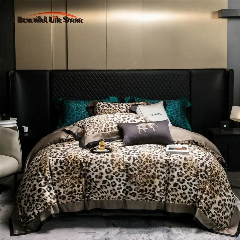 Luxury egyptian cotton leopard print bedding set in beige and brown with satin fabric and dark gray trim for bedroom use