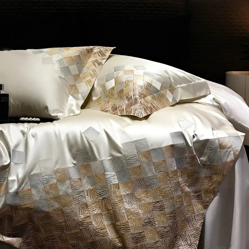 Cream-colored satin duvet cover with woven gold and silver squares luxury embroidery bedding set in pearl white and grey