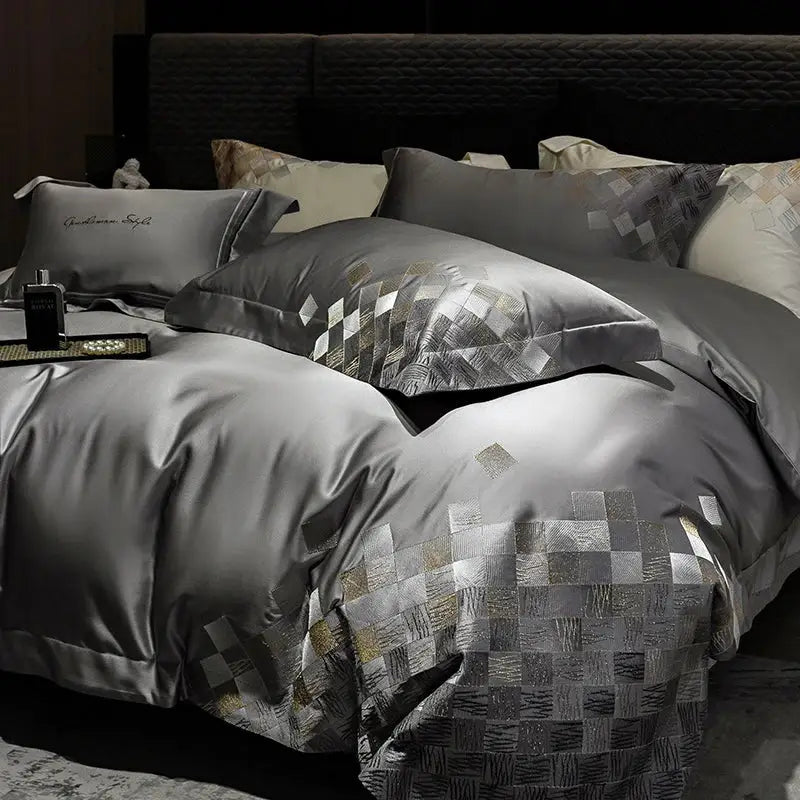 Luxury embroidery bedding set in silver satin with geometric metallic silver and gold squares for bedroom use