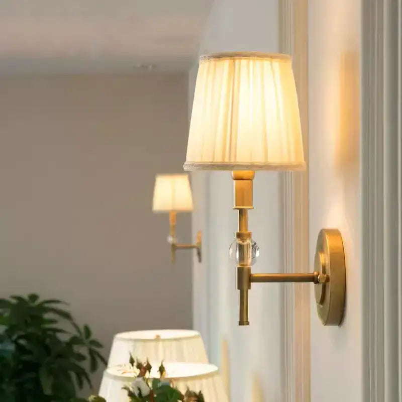 Luxury European brass copper wall lamp with cream pleated fabric shade and clear crystal accent for bedroom decorbites copper wall