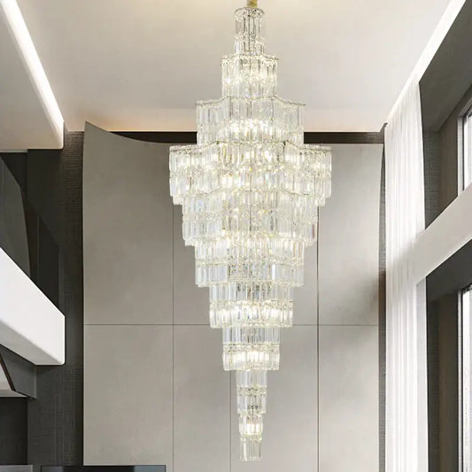 Luxury european crystal staircase chandelier with cascading rectangular prisms by decorbites for villa living room decor