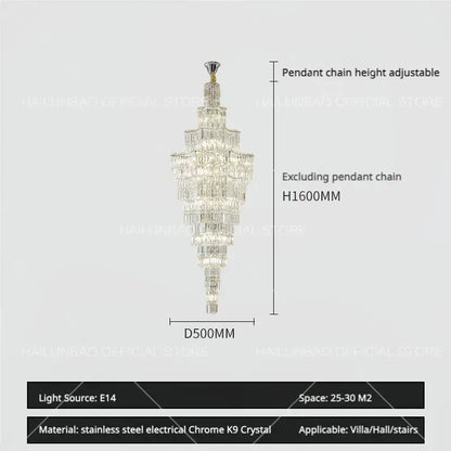 Luxury european crystal staircase chandelier with chrome stainless steel frame and clear k9 crystals by decorbites crystal