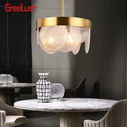 Luxury glass copper led pendant light with gold-toned layered glass petals on brass frame for dining room lighting