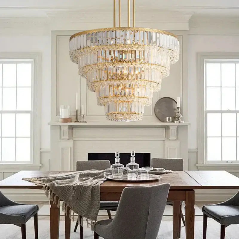 Luxury gold and amber crystal round pendant lights featuring multi-tiered gold metal frames with crystal prisms for decorbites crystal round pendant decor