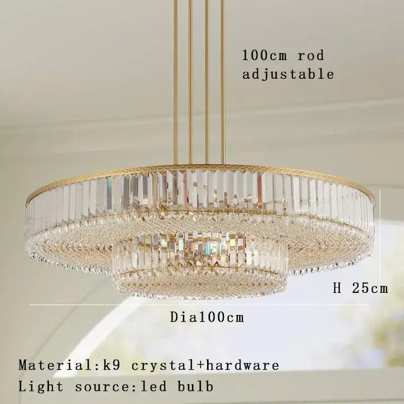 Luxury gold and amber crystal round pendant lights featuring a two-tiered circular design with k9 crystal prisms