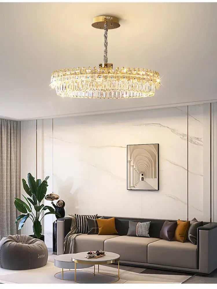 Luxury gold and blue crystal ceiling chandelier featuring multi-tier clear prisms for elegant decorbites crystal ceiling decor