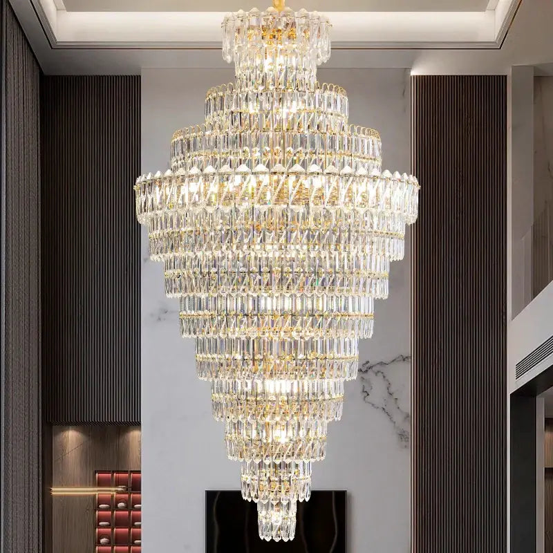 Luxury gold and clear crystal chandelier with cascading faceted crystals for living room staircase decorbites crystal chandelier