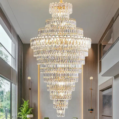 Luxury gold and clear crystal chandelier with multi-tiered cascading faceted glass for living room staircase decorbites crystal chandelier