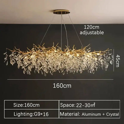 Luxury gold branch crystal pendant chandelier with adjustable 160cm golden aluminum frame and clear crystal leaves decorbites crystal pendant