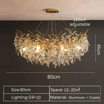 Luxury gold branch crystal pendant chandelier featuring intricate aluminum and crystal leaves by decorbites crystal pendant
