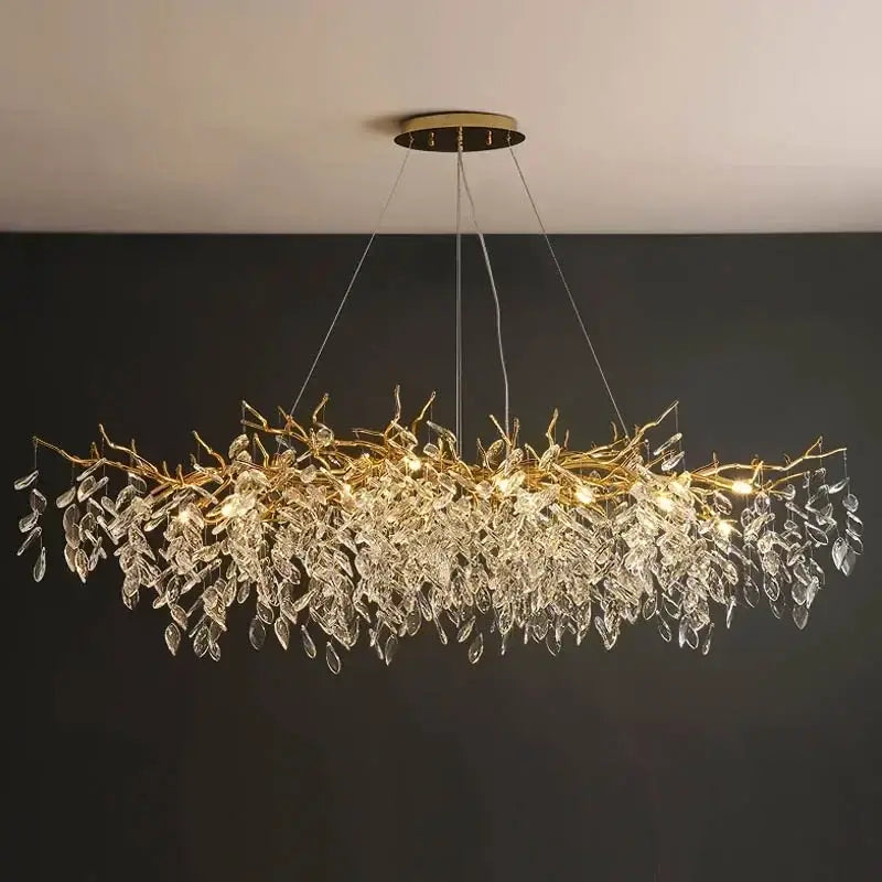 Luxury gold branch crystal pendant chandelier with intricate metalwork and clear crystal leaves by decorbites crystal pendant