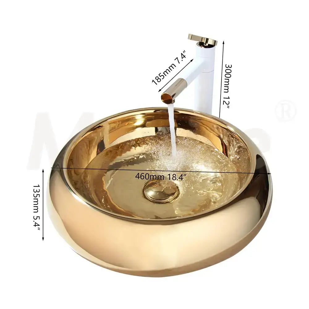Luxury gold ceramic vessel sink with glossy finish and integrated bath mixer set for modern bathroom use