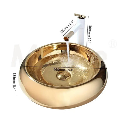 Luxury gold ceramic vessel sink with glossy finish and integrated bath mixer set for modern bathroom use