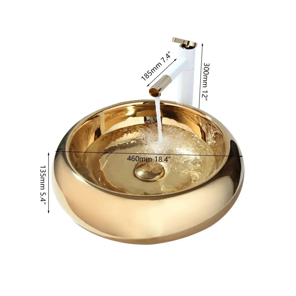 Luxury gold ceramic vessel sink with sleek metallic surface and integrated bath mixer set for bathroom use