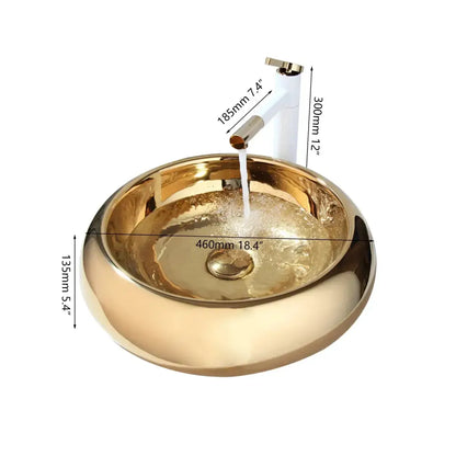 Luxury gold ceramic vessel sink with sleek metallic surface and integrated bath mixer set for bathroom use