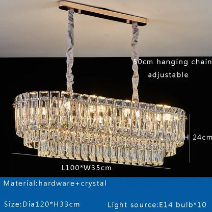 Elegant oval-shaped decorbites crystal round ceiling lamp with gold-toned metal frame and adjustable hanging chains