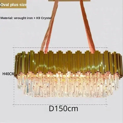 Luxury gold crystal art led ceiling chandelier with oval golden wrought iron frame and hanging k9 crystal prisms decorbites crystal art