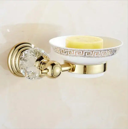 Luxury gold and crystal bathroom set wall-mounted soap dish with ceramic bowl and ornate greek key pattern decorbites brass