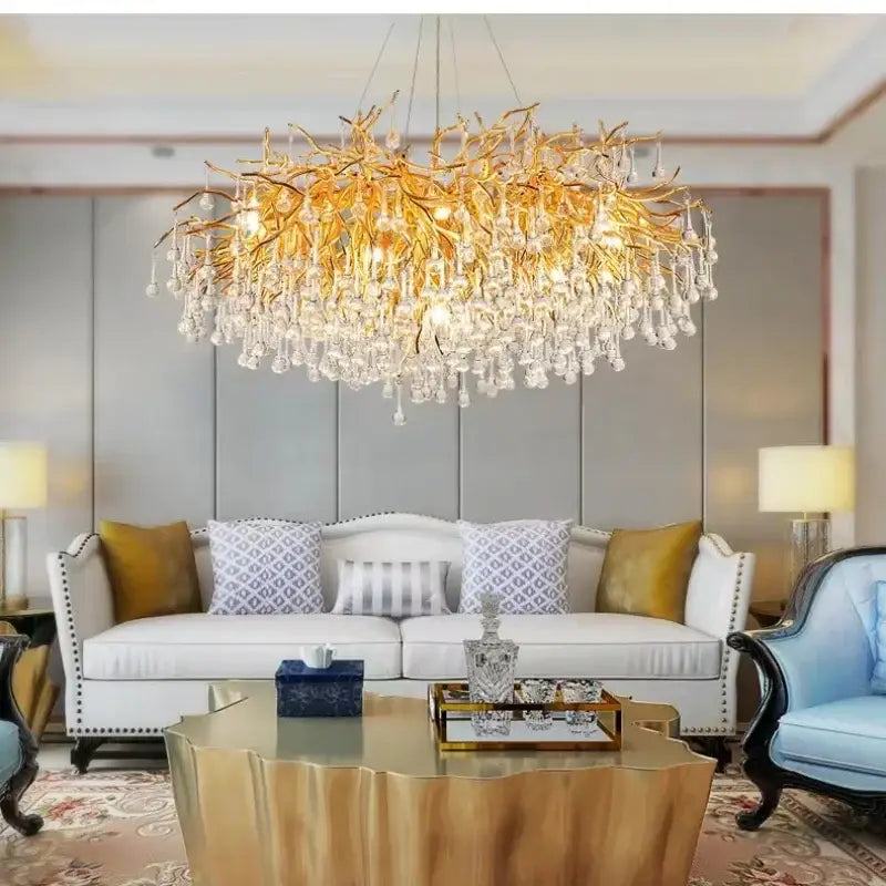 Luxury gold crystal branch chandelier dining room light with decorbites crystal branch style and dangling crystal droplets