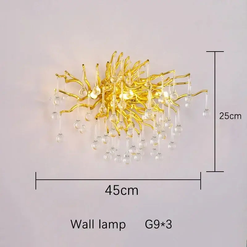 Luxury gold crystal branch chandelier dining room light with gold-toned wall lamp featuring decorbites crystal branch design