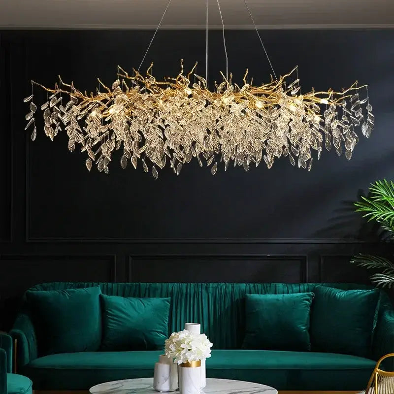 Luxury gold crystal branch led pendant chandelier with clear crystal leaves for elegant dining room decorbites crystal branch