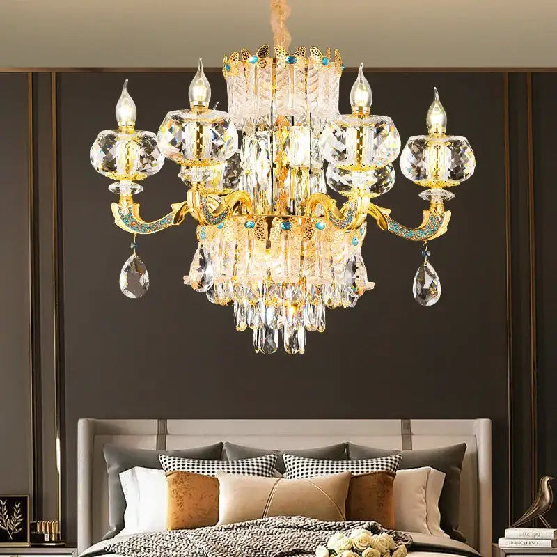 Luxury gold crystal candle chandelier with clear droplets and turquoise gemstones for dining room decorbites crystal candle