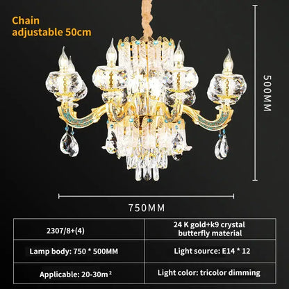 Luxury gold crystal candle chandelier for dining room with clear crystal accents and turquoise gemstone decorbites crystal candle details