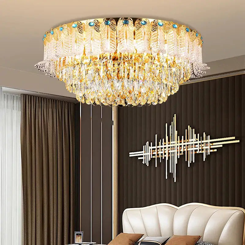 Luxury gold crystal candle chandelier with cascading crystal droplets and blue gemstone accents for dining room decorbites crystal candle