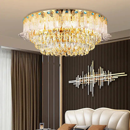 Luxury gold crystal candle chandelier with cascading crystal droplets and blue gemstone accents for dining room decorbites crystal candle
