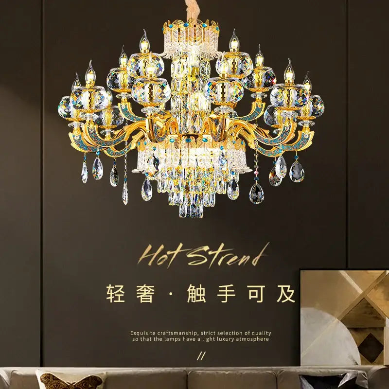 Luxury gold decorbites crystal candle chandelier with intricate crystal droplets and spherical accents for dining room decor