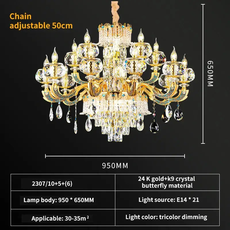 Luxury gold crystal candle chandelier with intricate butterfly arms and clear dark crystal droplets for dining decorbites crystal candle