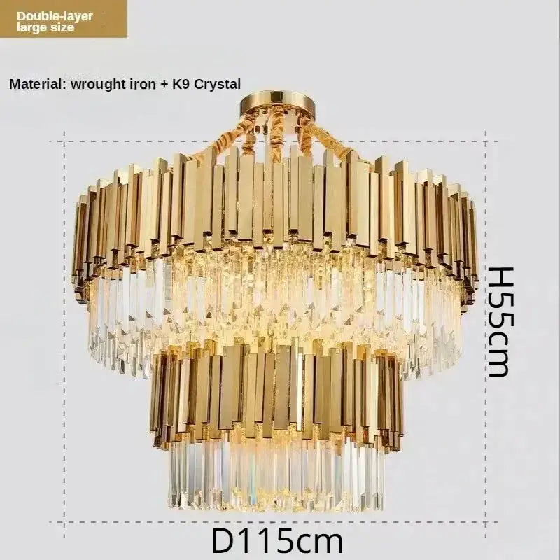 Luxury gold crystal ceiling chandelier with double-layer vertical wrought iron bars and hanging k9 crystal prisms decorbites crystal ceiling