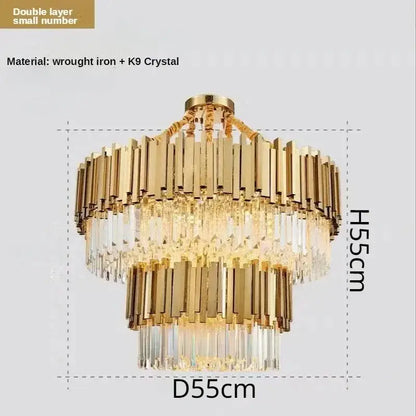 Luxury gold crystal ceiling chandelier with double-layer wrought iron bars and hanging k9 crystal prisms decorbites crystal ceiling