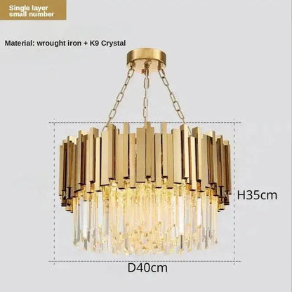 Luxury gold crystal ceiling chandelier featuring vertical wrought iron bars and hanging k9 crystal prisms for decorbites crystal ceiling decor