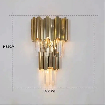 Luxury gold crystal ceiling chandelier with gold-toned wall sconce featuring vertical brass tubes and cascading prisms decorbites crystal ceiling