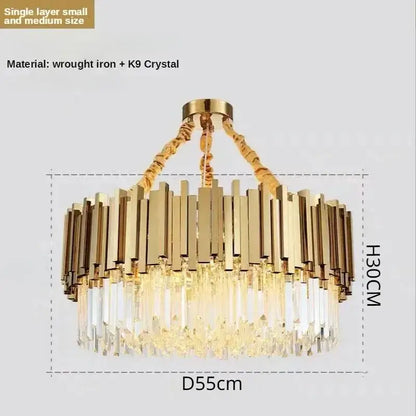 Luxury gold crystal ceiling chandelier with vertical wrought iron bars and hanging k9 crystal prisms decorbites crystal ceiling