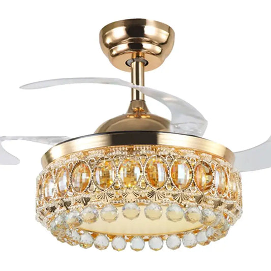 Luxury gold crystal ceiling fan light with crystal embellishments and translucent blades for living room use