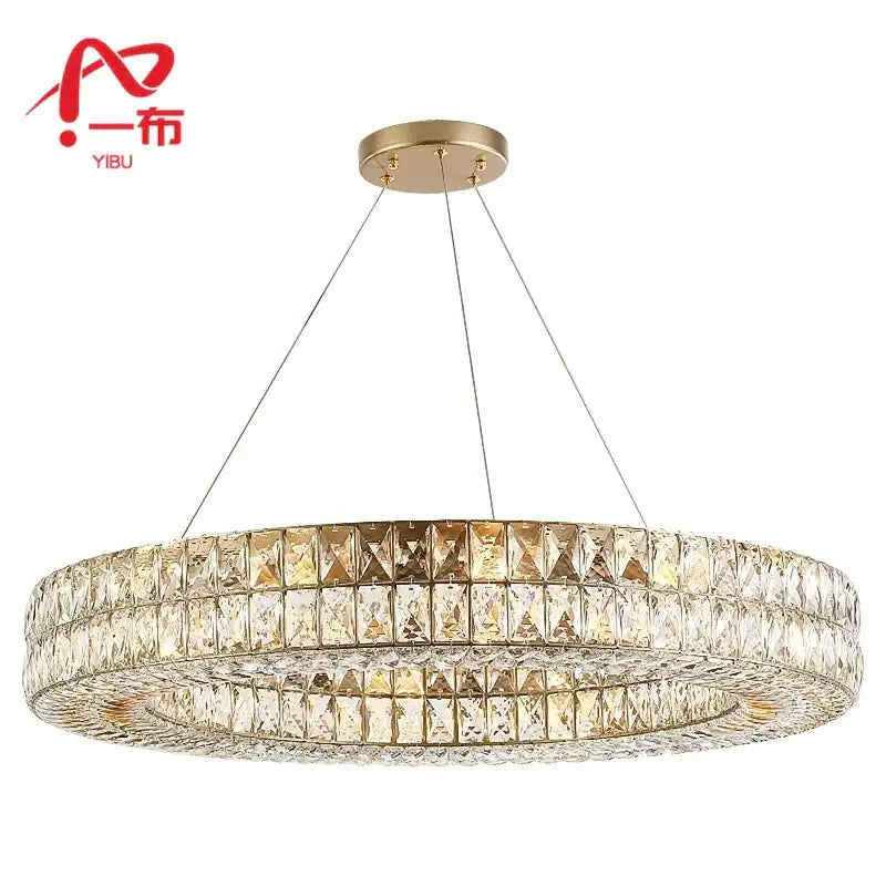 Luxury gold crystal circle pendant chandelier with two tiers of faceted crystals for dining room lighting decorbites crystal circle