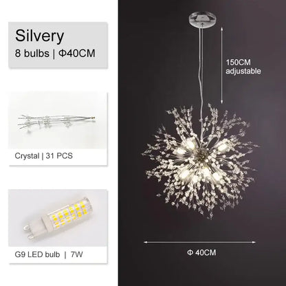 Silver decorbites dandelion chandelier with 8 g9 led bulbs and 31 crystal accents for luxury living room light