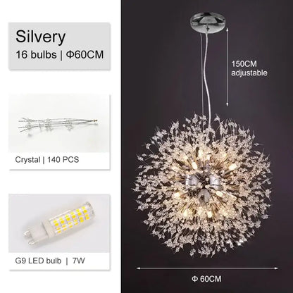 Luxury gold crystal decorbites dandelion chandelier with 16 led bulbs and 140 crystal accents for living room light