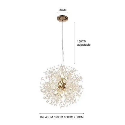 A luxury gold decorbites dandelion chandelier with a spherical design and clear crystal strands for living room lighting