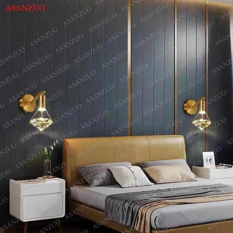 Luxury gold crystal diamond led wall sconce with faceted crystal shades for elegant bedroom lighting decorbites crystal diamond